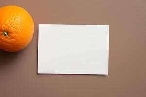 Generated imageWhite Paper Mockup Enlivened by the Zesty Aura of Fresh Oranges, Crafting a Visual Symphony of Culinary Opulence and Wholesome Design photo