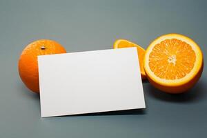 blanco papel Bosquejo animado por el picante aura de Fresco naranjas, elaboración un visual sinfonía de culinario opulencia y saludable diseño foto