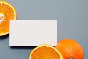 White Paper Mockup Enlivened by the Zesty Aura of Fresh Oranges, Crafting a Visual Symphony of Culinary Opulence and Wholesome Design photo