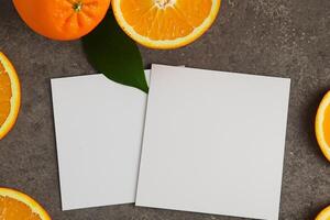 White Paper Mockup Enlivened by the Zesty Aura of Fresh Oranges, Crafting a Visual Symphony of Culinary Opulence and Wholesome Design photo