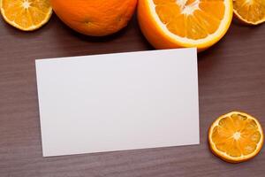 Generated imageWhite Paper Mockup Enlivened by the Zesty Aura of Fresh Oranges, Crafting a Visual Symphony of Culinary Opulence and Wholesome Design photo
