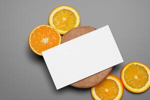 White Paper Mockup Enlivened by the Zesty Aura of Fresh Oranges, Crafting a Visual Symphony of Culinary Opulence and Wholesome Design photo