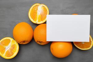 Generated imageWhite Paper Mockup Enlivened by the Zesty Aura of Fresh Oranges, Crafting a Visual Symphony of Culinary Opulence and Wholesome Design photo