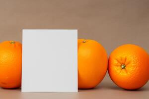 Generated imageWhite Paper Mockup Enlivened by the Zesty Aura of Fresh Oranges, Crafting a Visual Symphony of Culinary Opulence and Wholesome Design photo