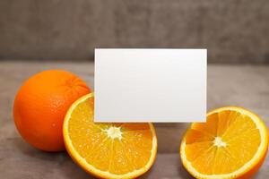 Generated imageWhite Paper Mockup Enlivened by the Zesty Aura of Fresh Oranges, Crafting a Visual Symphony of Culinary Opulence and Wholesome Design photo