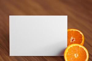 White Paper Mockup Enlivened by the Zesty Aura of Fresh Oranges, Crafting a Visual Symphony of Culinary Opulence and Wholesome Design photo