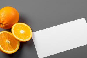 White Paper Mockup Enlivened by the Zesty Aura of Fresh Oranges, Crafting a Visual Symphony of Culinary Opulence and Wholesome Design photo