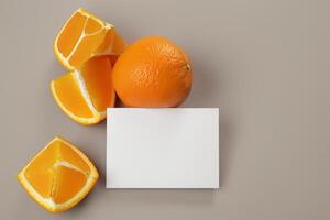 White Paper Mockup Enlivened by the Zesty Aura of Fresh Oranges, Crafting a Visual Symphony of Culinary Opulence and Wholesome Design photo