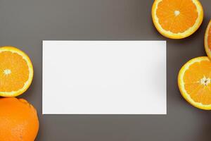 Generated imageWhite Paper Mockup Enlivened by the Zesty Aura of Fresh Oranges, Crafting a Visual Symphony of Culinary Opulence and Wholesome Design photo