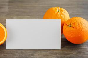 Generated imageWhite Paper Mockup Enlivened by the Zesty Aura of Fresh Oranges, Crafting a Visual Symphony of Culinary Opulence and Wholesome Design photo