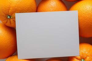 Generated imageWhite Paper Mockup Enlivened by the Zesty Aura of Fresh Oranges, Crafting a Visual Symphony of Culinary Opulence and Wholesome Design photo