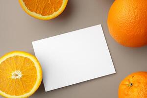 Generated imageWhite Paper Mockup Enlivened by the Zesty Aura of Fresh Oranges, Crafting a Visual Symphony of Culinary Opulence and Wholesome Design photo