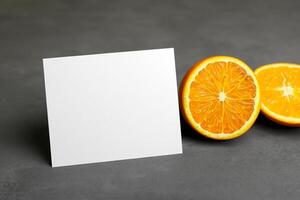 Generated imageWhite Paper Mockup Enlivened by the Zesty Aura of Fresh Oranges, Crafting a Visual Symphony of Culinary Opulence and Wholesome Design photo