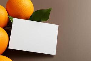 Generated imageWhite Paper Mockup Enlivened by the Zesty Aura of Fresh Oranges, Crafting a Visual Symphony of Culinary Opulence and Wholesome Design photo