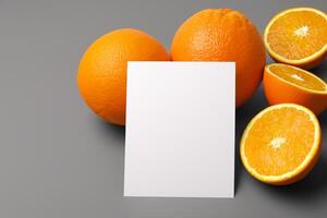 Generated imageWhite Paper Mockup Enlivened by the Zesty Aura of Fresh Oranges, Crafting a Visual Symphony of Culinary Opulence and Wholesome Design photo