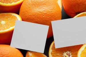 Generated imageWhite Paper Mockup Enlivened by the Zesty Aura of Fresh Oranges, Crafting a Visual Symphony of Culinary Opulence and Wholesome Design photo