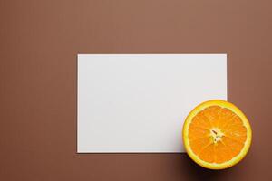 Generated imageWhite Paper Mockup Enlivened by the Zesty Aura of Fresh Oranges, Crafting a Visual Symphony of Culinary Opulence and Wholesome Design photo