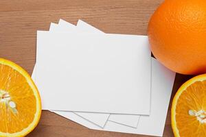 Generated imageWhite Paper Mockup Enlivened by the Zesty Aura of Fresh Oranges, Crafting a Visual Symphony of Culinary Opulence and Wholesome Design photo