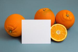 Generated imageWhite Paper Mockup Enlivened by the Zesty Aura of Fresh Oranges, Crafting a Visual Symphony of Culinary Opulence and Wholesome Design photo