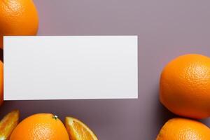 Generated imageWhite Paper Mockup Enlivened by the Zesty Aura of Fresh Oranges, Crafting a Visual Symphony of Culinary Opulence and Wholesome Design photo