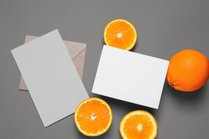 Generated imageWhite Paper Mockup Enlivened by the Zesty Aura of Fresh Oranges, Crafting a Visual Symphony of Culinary Opulence and Wholesome Design photo