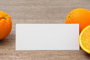 Generated imageWhite Paper Mockup Enlivened by the Zesty Aura of Fresh Oranges, Crafting a Visual Symphony of Culinary Opulence and Wholesome Design photo