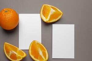 Generated imageWhite Paper Mockup Enlivened by the Zesty Aura of Fresh Oranges, Crafting a Visual Symphony of Culinary Opulence and Wholesome Design photo