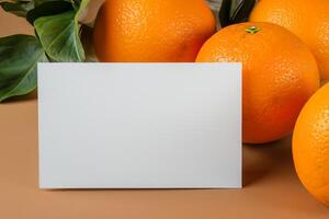 White Paper Mockup Enlivened by the Zesty Aura of Fresh Oranges, Crafting a Visual Symphony of Culinary Opulence and Wholesome Design photo