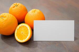 White Paper Mockup Enlivened by the Zesty Aura of Fresh Oranges, Crafting a Visual Symphony of Culinary Opulence and Wholesome Design photo