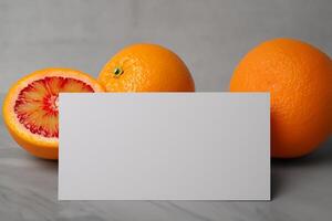 blanco papel Bosquejo animado por el picante aura de Fresco naranjas, elaboración un visual sinfonía de culinario opulencia y saludable diseño foto