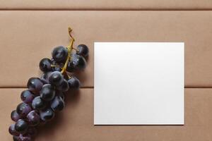 White Paper Mockup Enhanced by the Juicy Allure of Fresh Grapes, Crafting a Visual Symphony of Culinary Elegance and Wholesome Imagery, Where Graphic Design Flourishes in a Feast of Vibrant Creativity photo