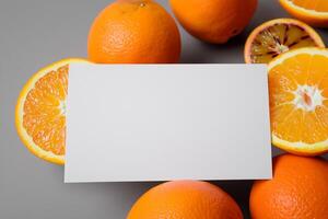 blanco papel Bosquejo animado por el picante aura de Fresco naranjas, elaboración un visual sinfonía de culinario opulencia y saludable diseño foto