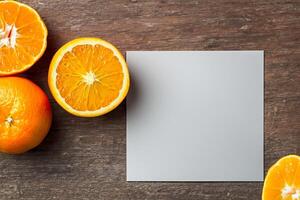 blanco papel Bosquejo animado por el picante aura de Fresco naranjas, elaboración un visual sinfonía de culinario opulencia y saludable diseño foto