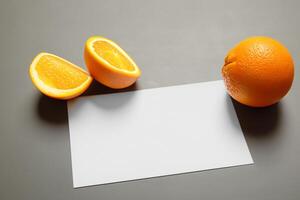 blanco papel Bosquejo animado por el picante aura de Fresco naranjas, elaboración un visual sinfonía de culinario opulencia y saludable diseño foto