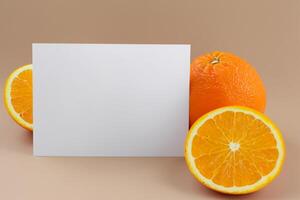 White Paper Mockup Enlivened by the Zesty Aura of Fresh Oranges, Crafting a Visual Symphony of Culinary Opulence and Wholesome Design photo