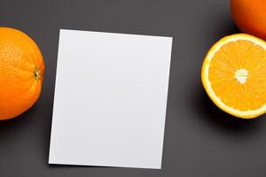 White Paper Mockup Enlivened by the Zesty Aura of Fresh Oranges, Crafting a Visual Symphony of Culinary Opulence and Wholesome Design photo