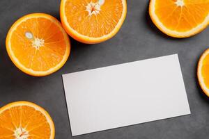 blanco papel Bosquejo animado por el picante aura de Fresco naranjas, elaboración un visual sinfonía de culinario opulencia y saludable diseño foto