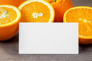 White Paper Mockup Enlivened by the Zesty Aura of Fresh Oranges, Crafting a Visual Symphony of Culinary Opulence and Wholesome Design photo