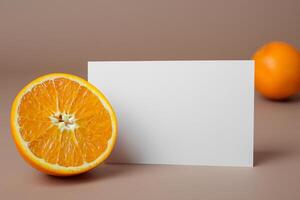 White Paper Mockup Enlivened by the Zesty Aura of Fresh Oranges, Crafting a Visual Symphony of Culinary Opulence and Wholesome Design photo