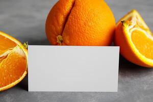 White Paper Mockup Enlivened by the Zesty Aura of Fresh Oranges, Crafting a Visual Symphony of Culinary Opulence and Wholesome Design photo