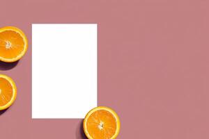 blanco papel Bosquejo animado por el picante aura de Fresco naranjas, elaboración un visual sinfonía de culinario opulencia y saludable diseño foto