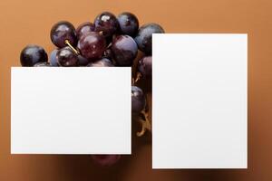 White Paper Mockup Enhanced by the Juicy Allure of Fresh Grapes, Crafting a Visual Symphony of Culinary Elegance and Wholesome Imagery, Where Graphic Design Flourishes in a Feast of Vibrant Creativity photo