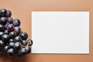 White Paper Mockup Enhanced by the Juicy Allure of Fresh Grapes, Crafting a Visual Symphony of Culinary Elegance and Wholesome Imagery, Where Graphic Design Flourishes in a Feast of Vibrant Creativity photo