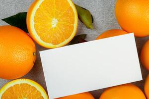 White Paper Mockup Enlivened by the Zesty Aura of Fresh Oranges, Crafting a Visual Symphony of Culinary Opulence and Wholesome Design photo