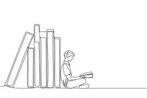 Single continuous line drawing man reading sitting leaning against a pile of books. Habit of reading books every day. Library. Good habit. Book festival concept. One line design illustration vector