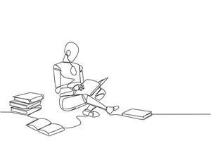 Continuous one line drawing robot sitting relax in library reading lot of books. Looking for answers to assignments. Hobby reading. Book festival concept. Single line draw design illustration vector