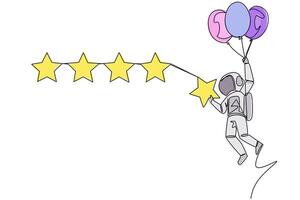 Single one line drawing young astronaut flying with balloon carry 1 star and want to align it with the other 4 stars. Trying to give perfect rating. Cosmic. Continuous line design graphic illustration vector