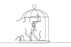 Continuous one line drawing businessman trapped in cage holding an axe and destroy the cage. Everything is done to be free. Rising anger. Disappointed. Single line draw design illustration vector