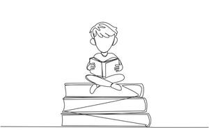 Single continuous line drawing boy sitting cross-legged on pile of large books. Reading comic. Reading textbook. Read scientific journals. Reading increase insight. One line design illustration vector