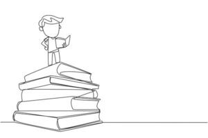 Single one line drawing boy standing on pile of books reading a fiction story book. Intrigued by the book series. Read anywhere to finish reading. Reading. Continuous line design graphic illustration vector